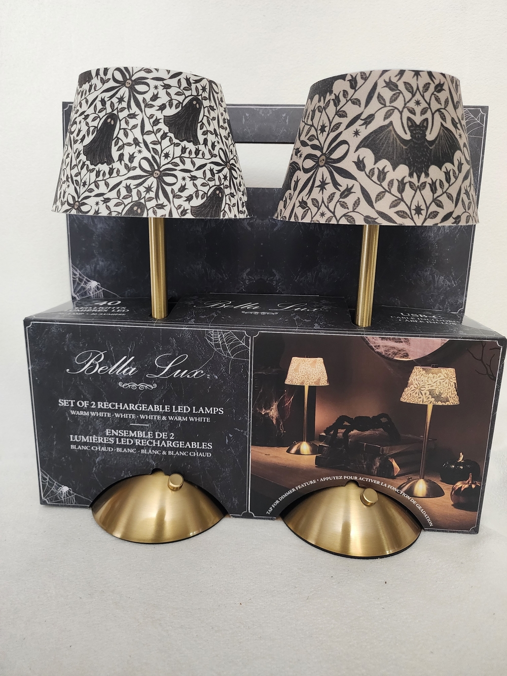 Bella Luxx Black Bat & Ghost Pattern Rechargeable Table Lamps with Brass Bases